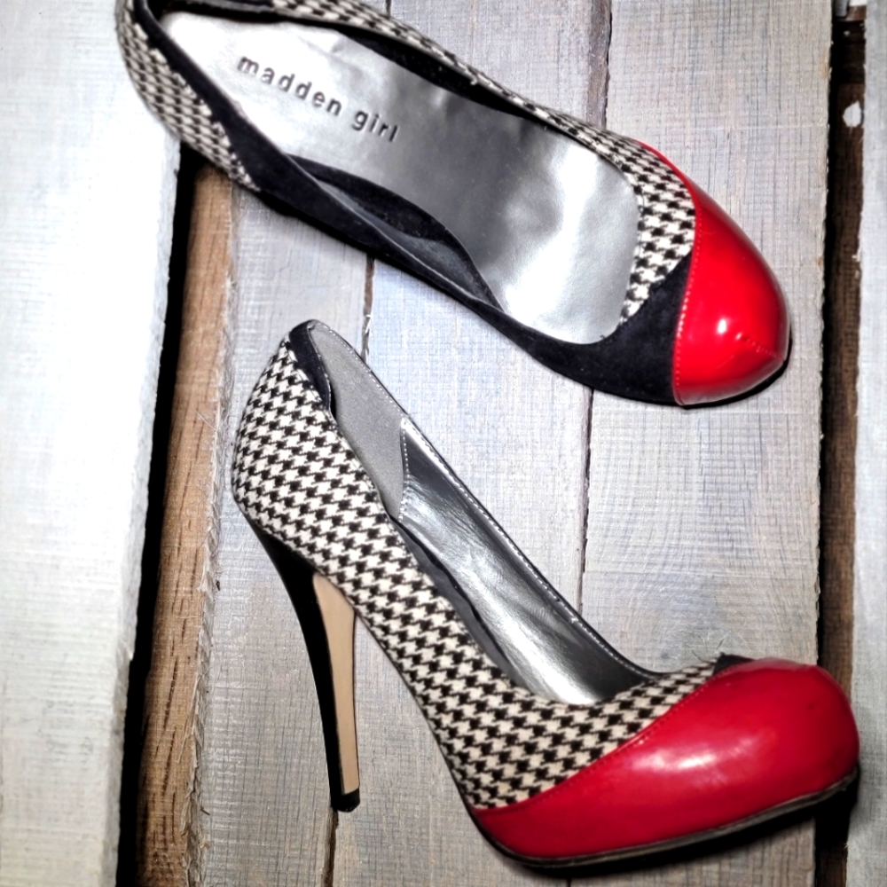 Madden Girl Flirrt Houndstooth & Crimson Stiletto Heels - Well Loved but GUC